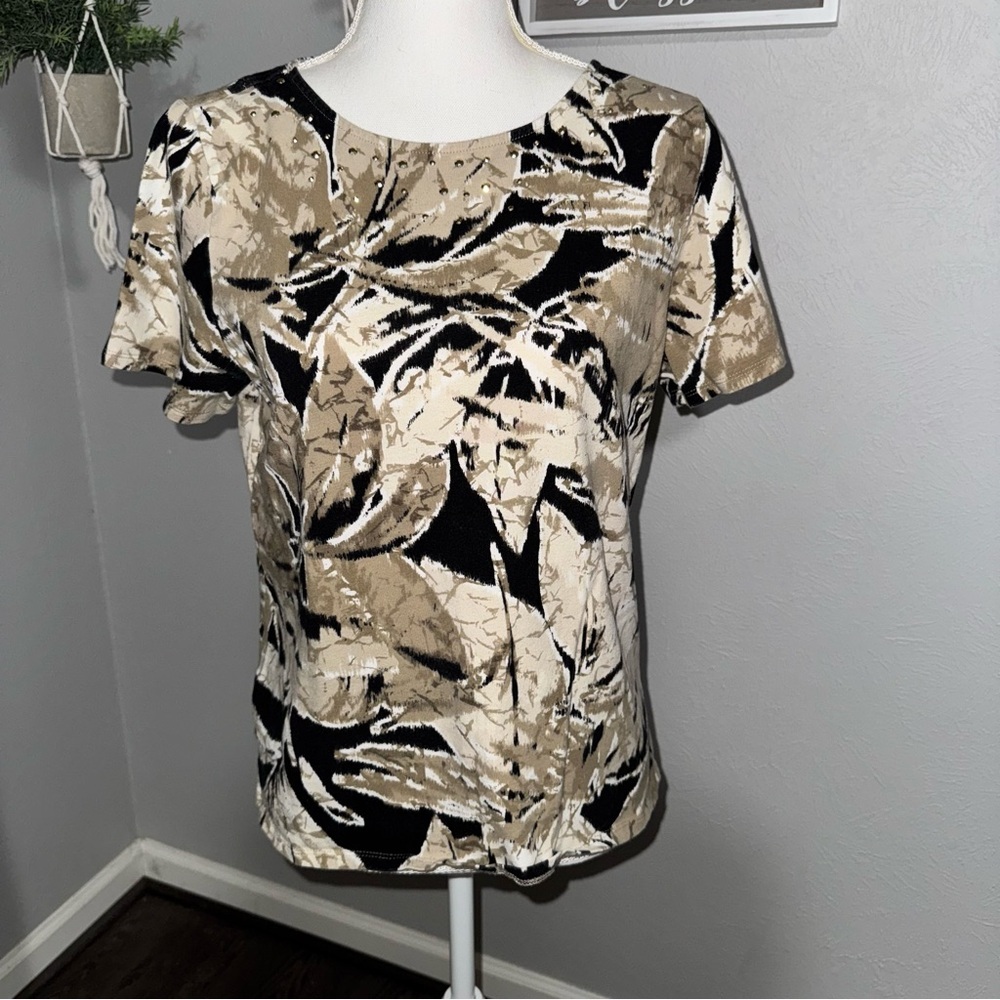 *3 for $15* BonWorth Womens Petite S Short Sleeve Brown & Black Top Blouse Metal